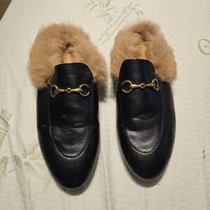 Black Leather Loafers with Faux Fur Lining